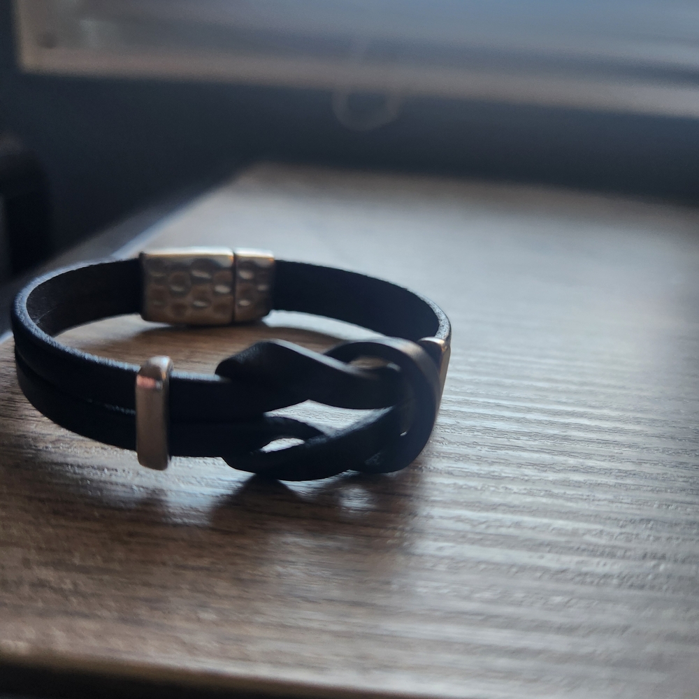 Black Leather Bracelet with Silver Accents